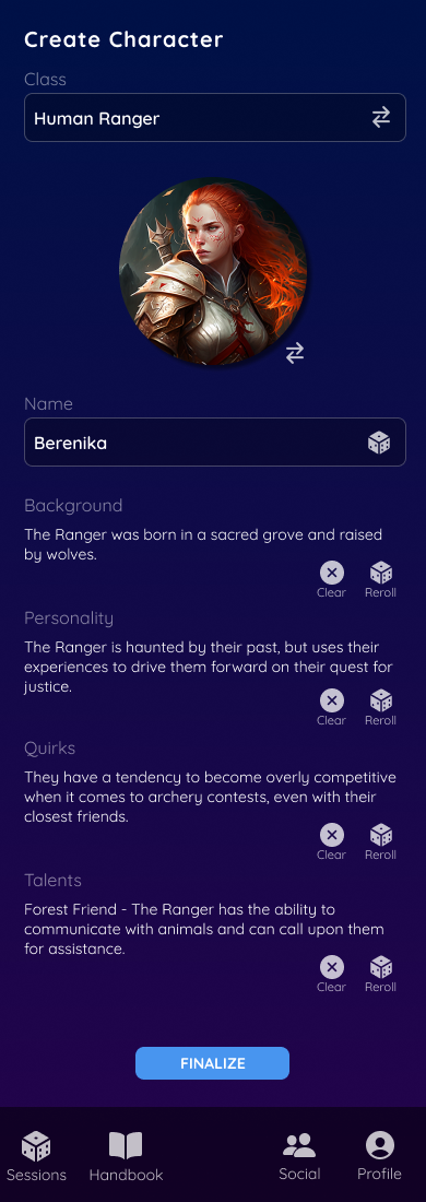 Create Character screen showing a ranger portrait, generated background, personality, quirks and talents.
