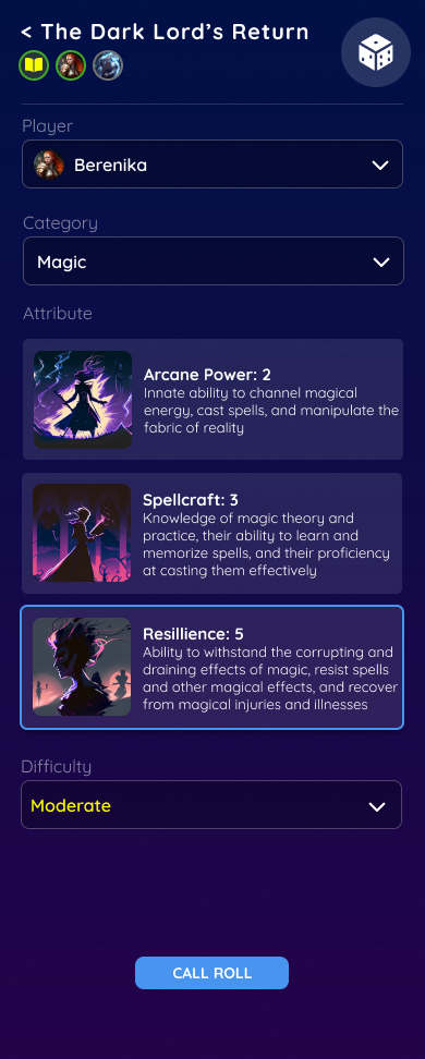 Game-master screen for calling a roll by selecting a player, category, attribute and difficulty.