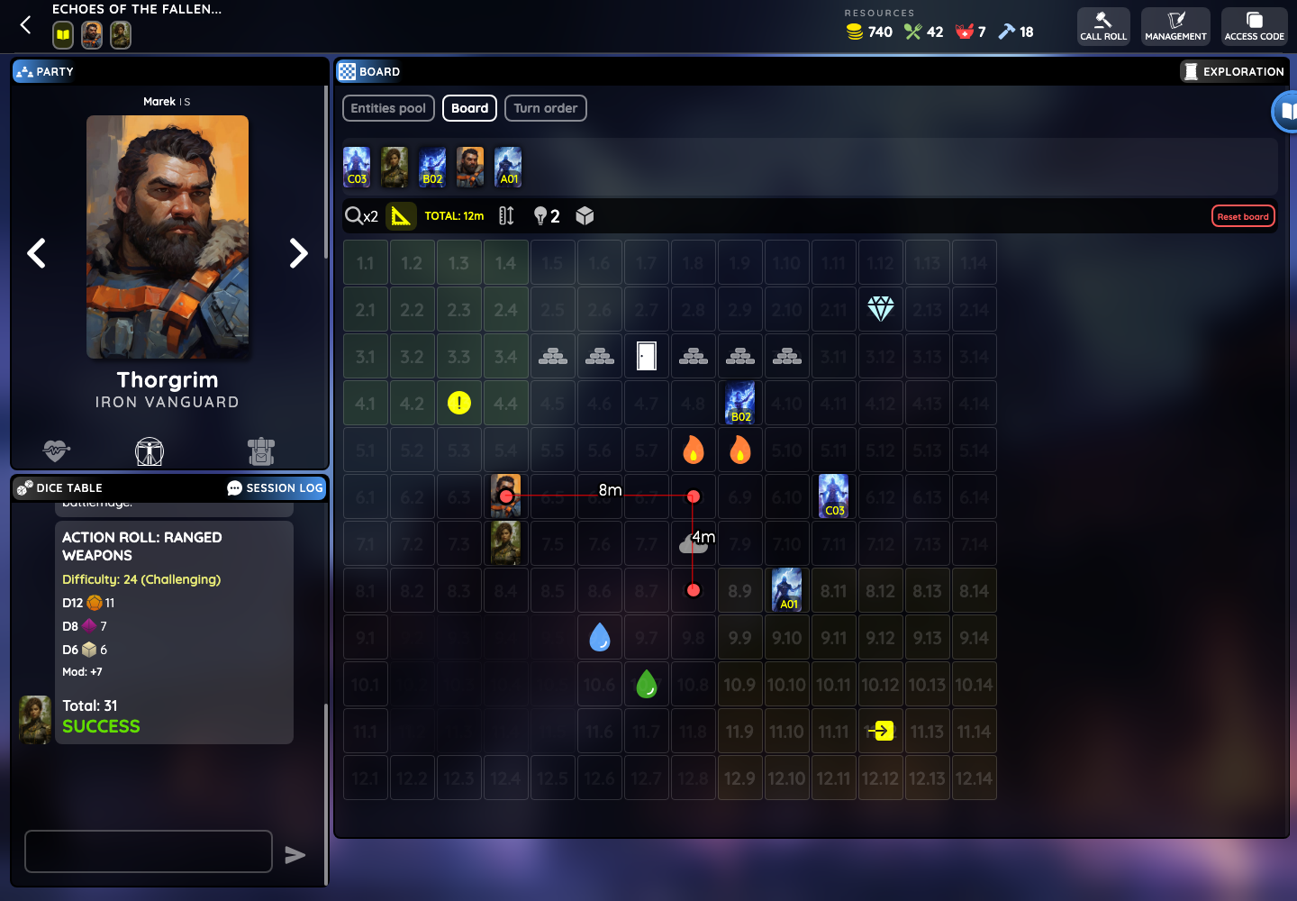 Board in ruler mode with a multi-point route drawn from a player figurine across the grid and distances labelled per segment.