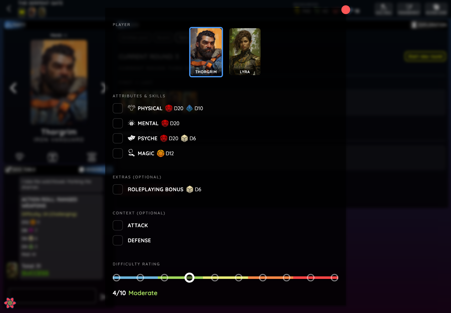 Called-roll modal over the early-access desktop workspace, with player selection, action parameters and a ten-level difficulty scale.