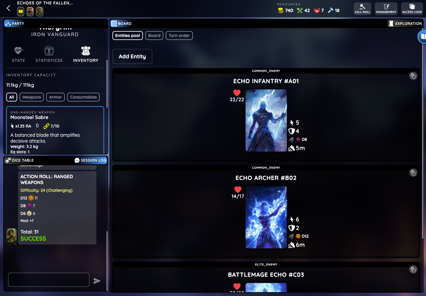 Party inventory showing carrying capacity, filters and an equipped Moonsteel Sabre with attack multiplier, durability, description, weight, equipment slots and value.