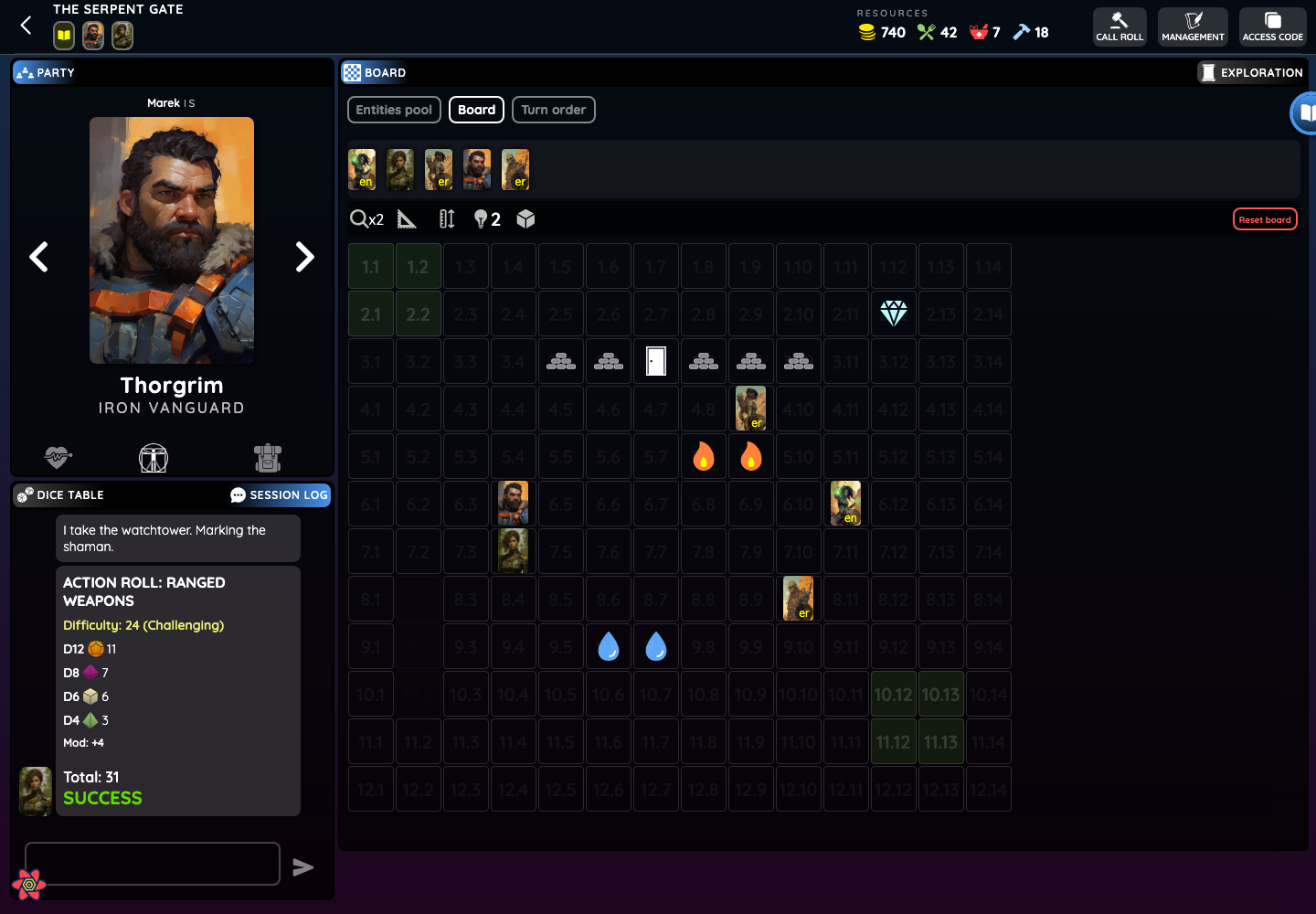 March 2024 desktop VTT showing a party character, Session Log, dice surface and populated tactical grid in one workspace.