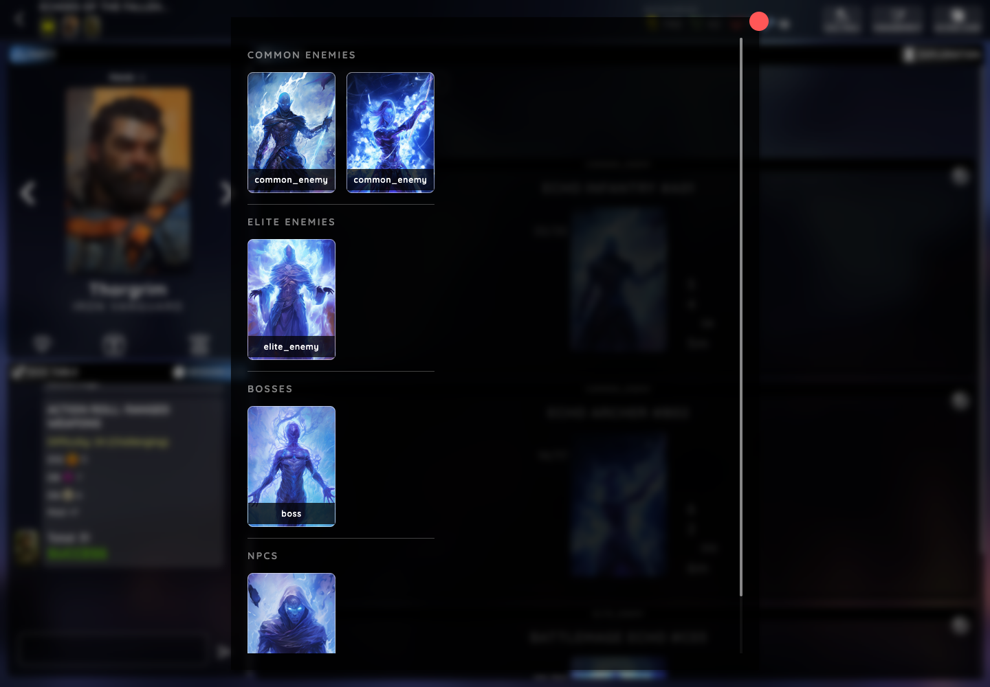 Add Entity modal showing common enemy, elite enemy, boss and NPC decks with portrait cards.