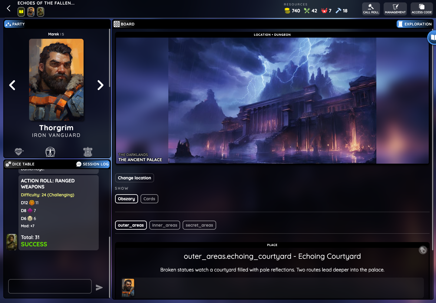 Exploration workspace showing a palace location, outer and inner area tabs, a place card and player whereabouts.