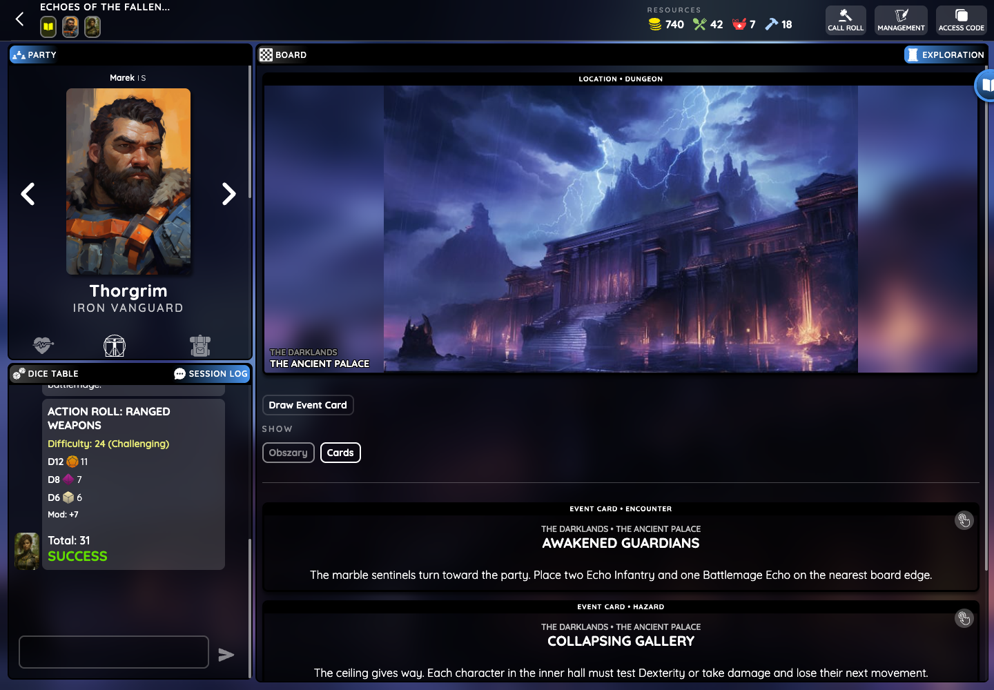 Exploration workspace showing active event cards for Awakened Guardians and a Collapsing Gallery.