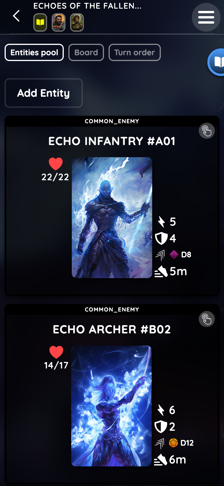 Mobile Board view showing the active entity pool with Echo Infantry and Echo Archer combat statistics.