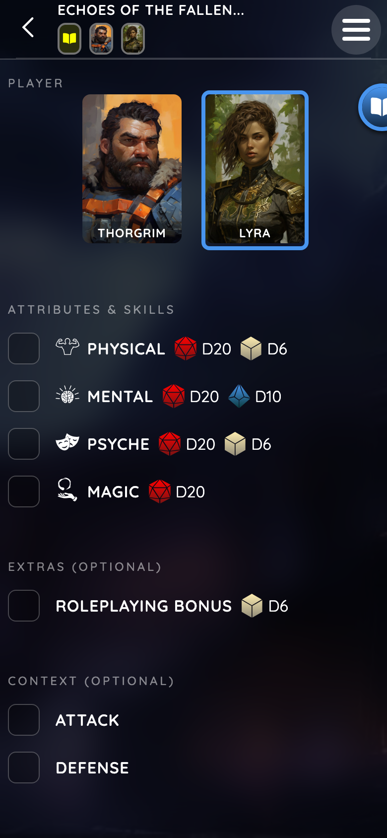 Mobile called-roll view with Lyra selected and rules-aware choices for attributes, roleplaying bonus, attack and defence.