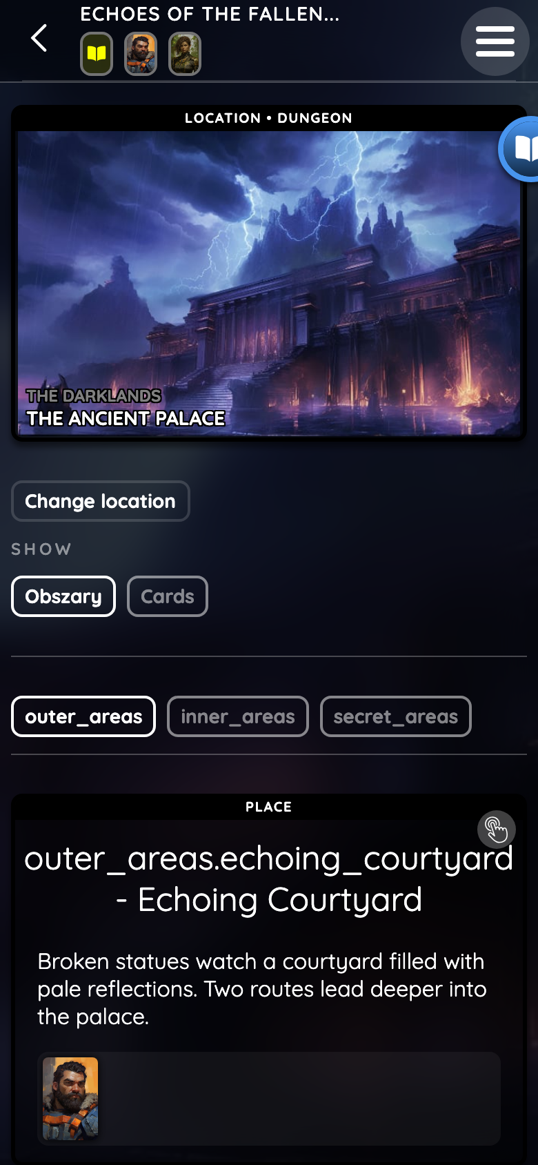 Mobile Exploration view showing the Ancient Palace, area groups, Echoing Courtyard and player whereabouts.