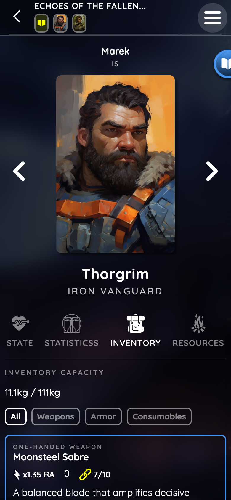 Mobile Party view showing Thorgrim, character navigation, inventory capacity and an equipped Moonsteel Sabre.
