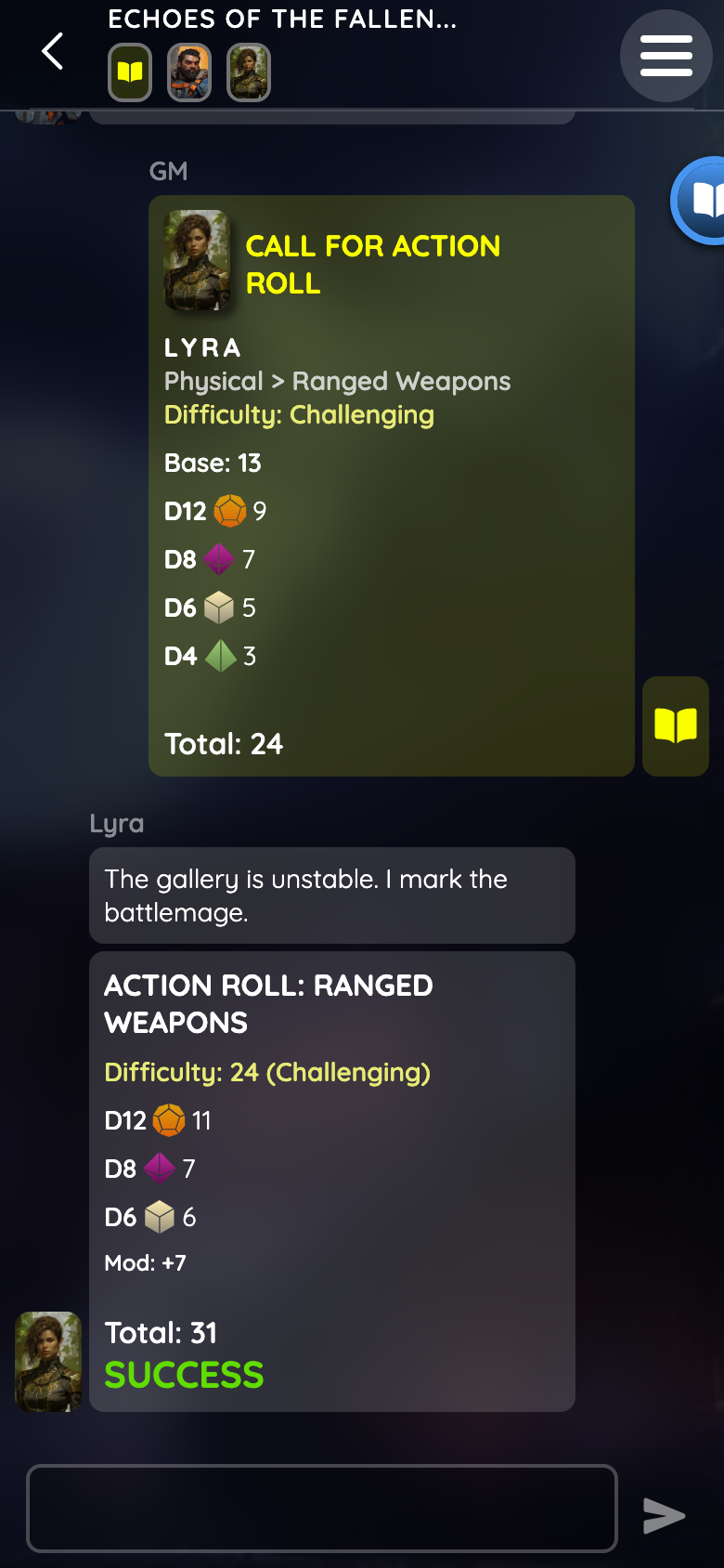 Mobile Session Log showing a game-master call, player response, dice values and a successful action result.