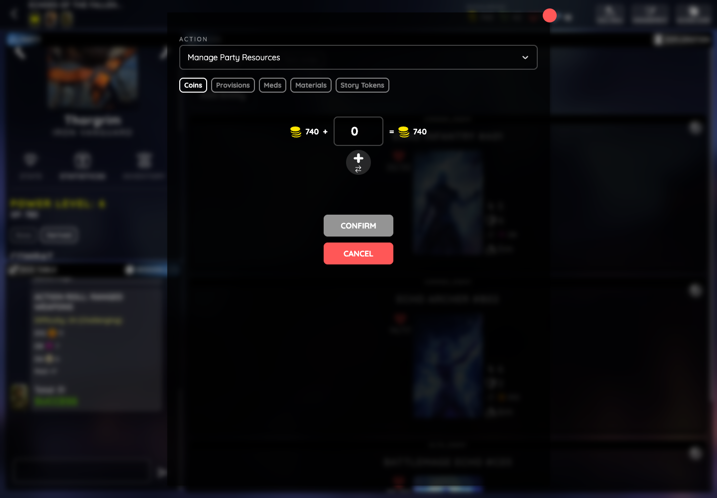 Manage Party Resources modal with tabs for coins, provisions, meds, materials and story tokens.
