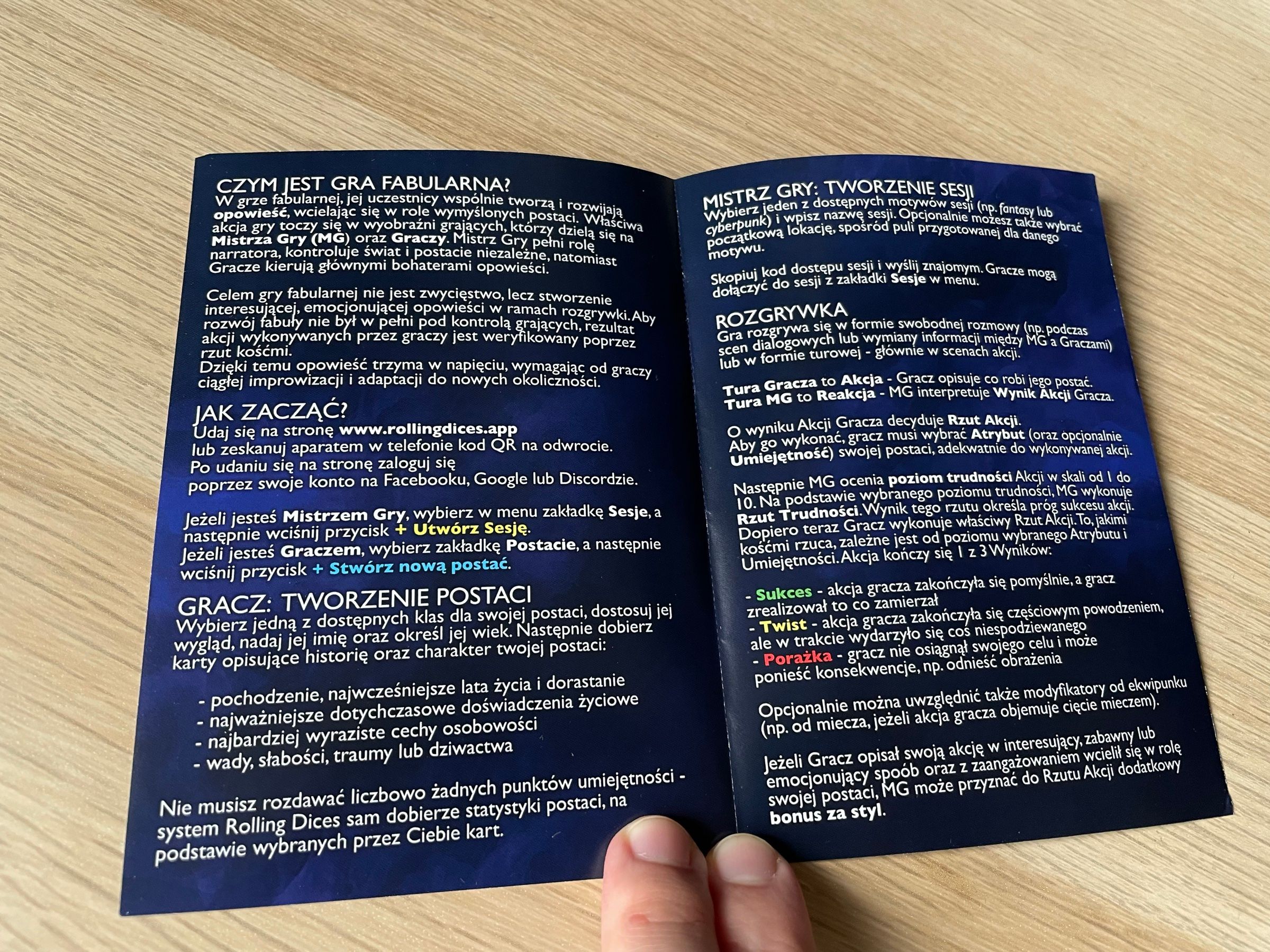The inside spread of the flyer explaining what a tabletop RPG is, how to start, and how action rolls resolve.