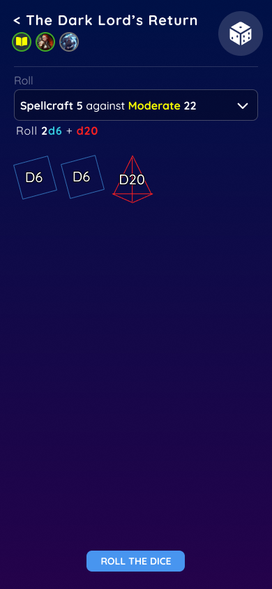 Player dice screen showing two six-sided dice and a twenty-sided difficulty die.