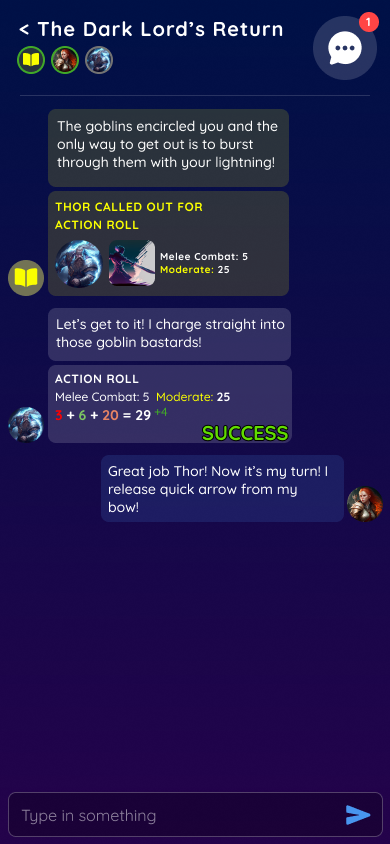 Session Log showing player dialogue, a called melee roll, coloured dice results and a successful outcome.