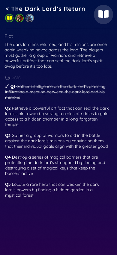 Story screen showing the Dark Lord’s Return plot and five quest objectives.